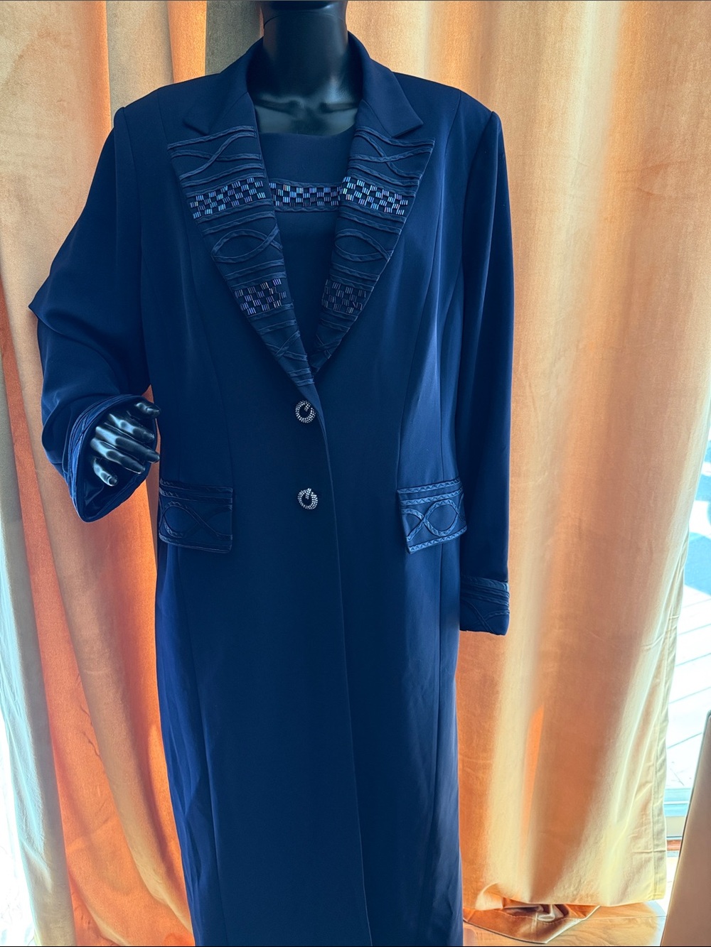Belldini Navy Long Trench Coat with Decorative Trim